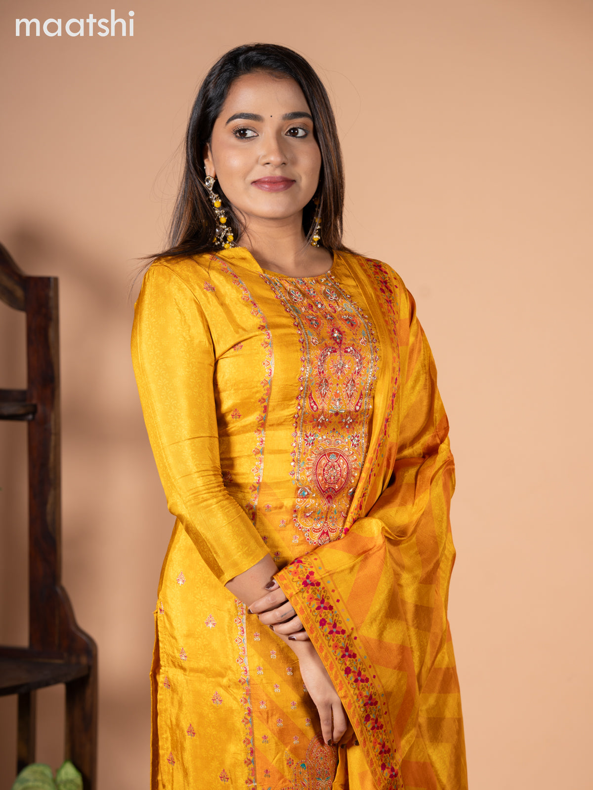 Banarasi silk salwar suit mustard yellow with allover prints & zardosi work neck pattern and straight cut pant & dupatta