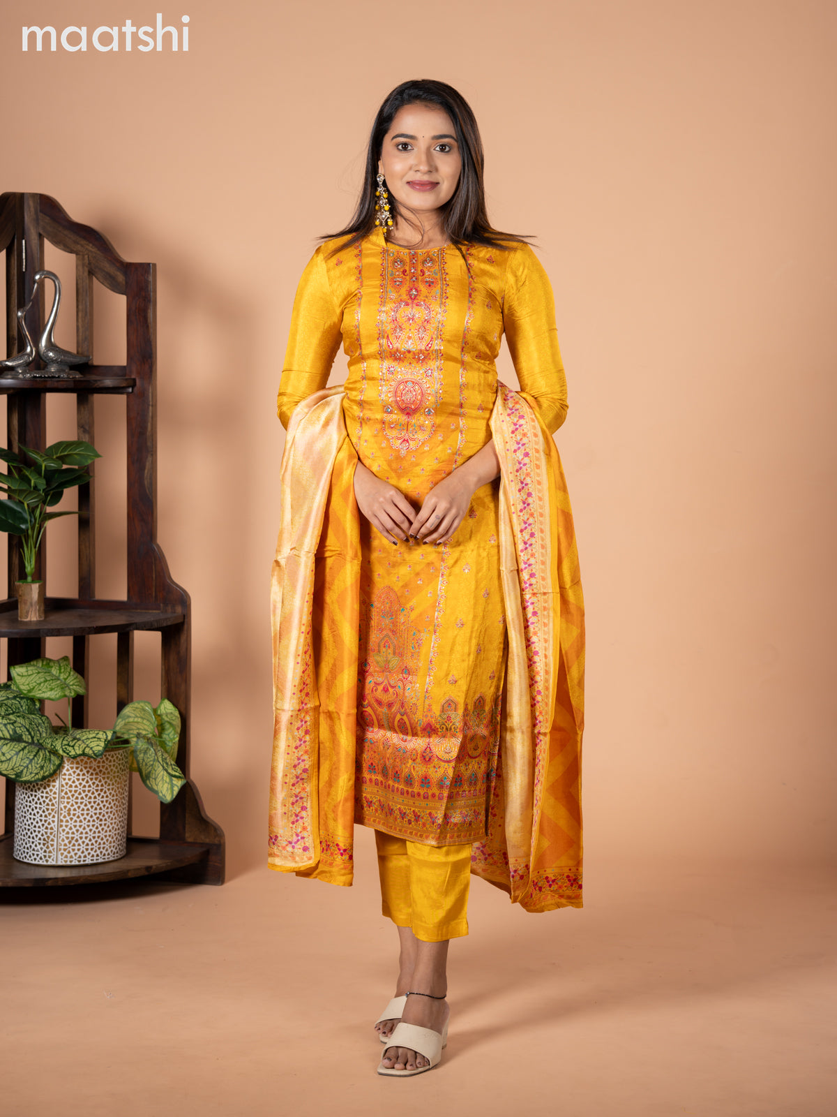 Banarasi silk salwar suit mustard yellow with allover prints & zardosi work neck pattern and straight cut pant & dupatta