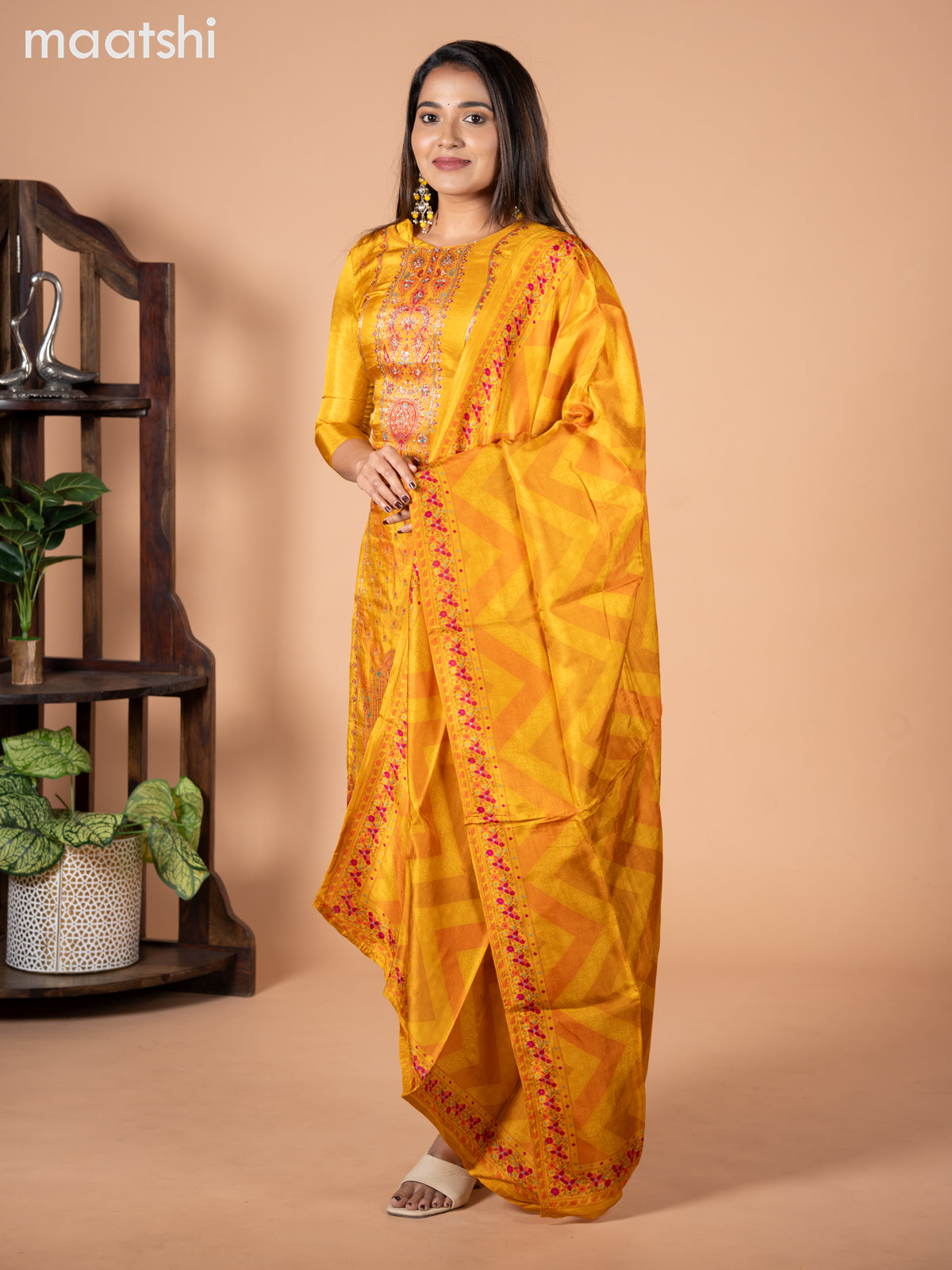 Banarasi silk salwar suit mustard yellow with allover prints & zardosi work neck pattern and straight cut pant & dupatta