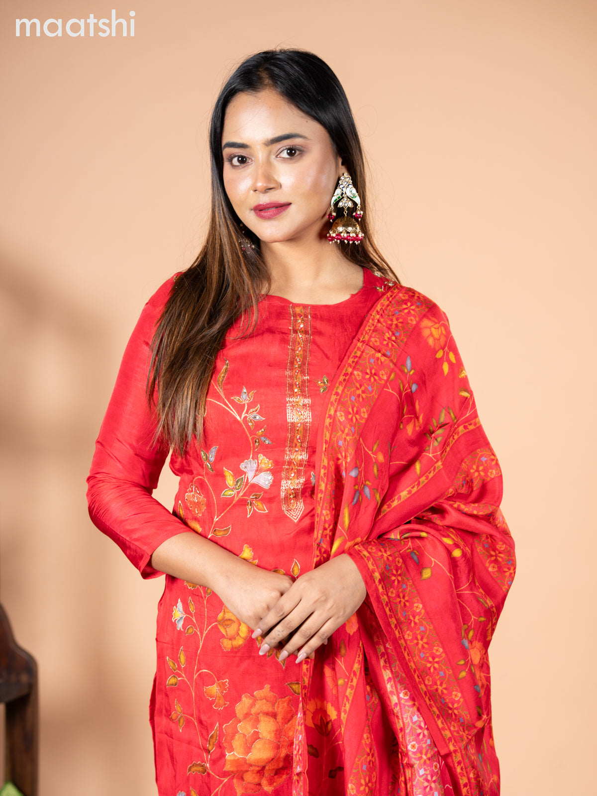 Banarasi silk salwar suit red with allover floral prints & cut beads and straight cut pant & dupatta