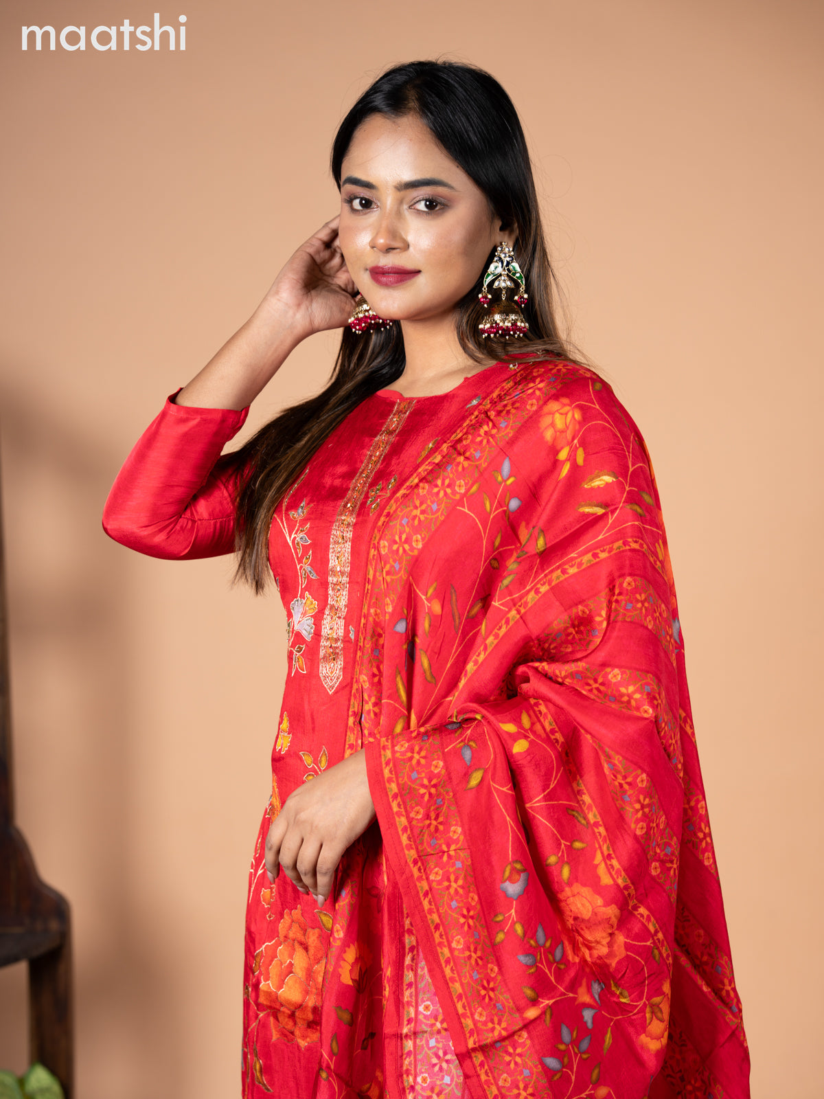Banarasi silk salwar suit red with allover floral prints & cut beads and straight cut pant & dupatta