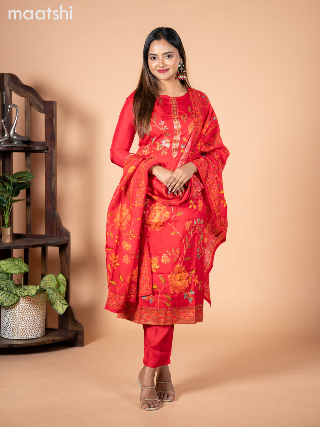 Banarasi silk salwar suit red with allover floral prints & cut beads and straight cut pant & dupatta