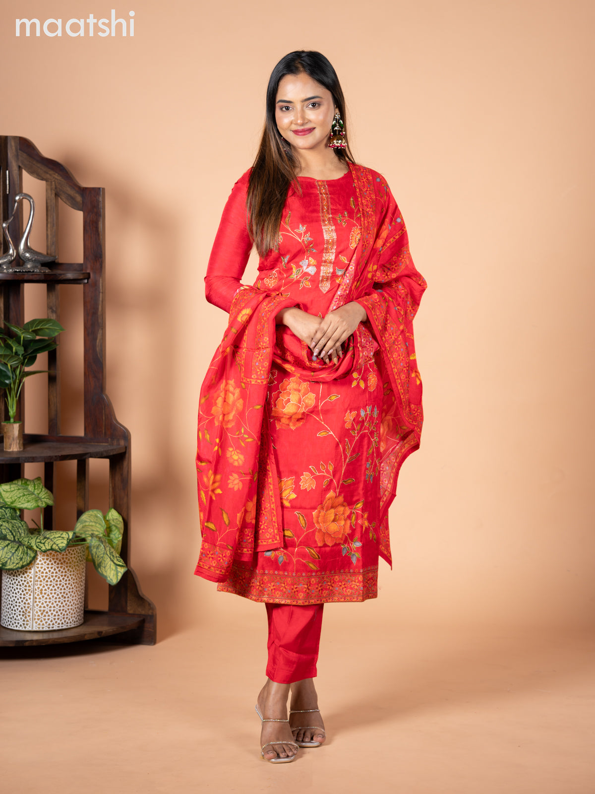 Banarasi silk salwar suit red with allover floral prints & cut beads and straight cut pant & dupatta