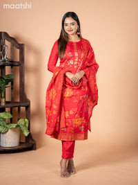 Banarasi silk salwar suit red with allover floral prints & cut beads and straight cut pant & dupatta