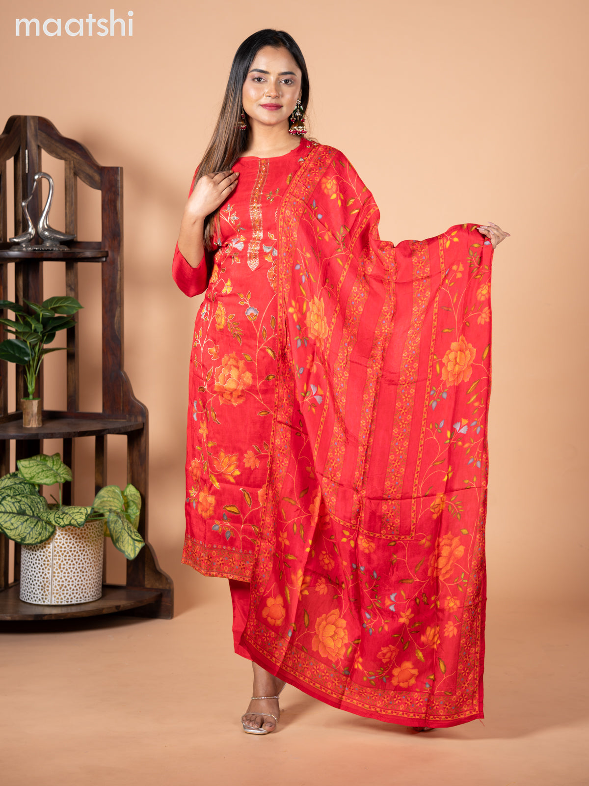 Banarasi silk salwar suit red with allover floral prints & cut beads and straight cut pant & dupatta