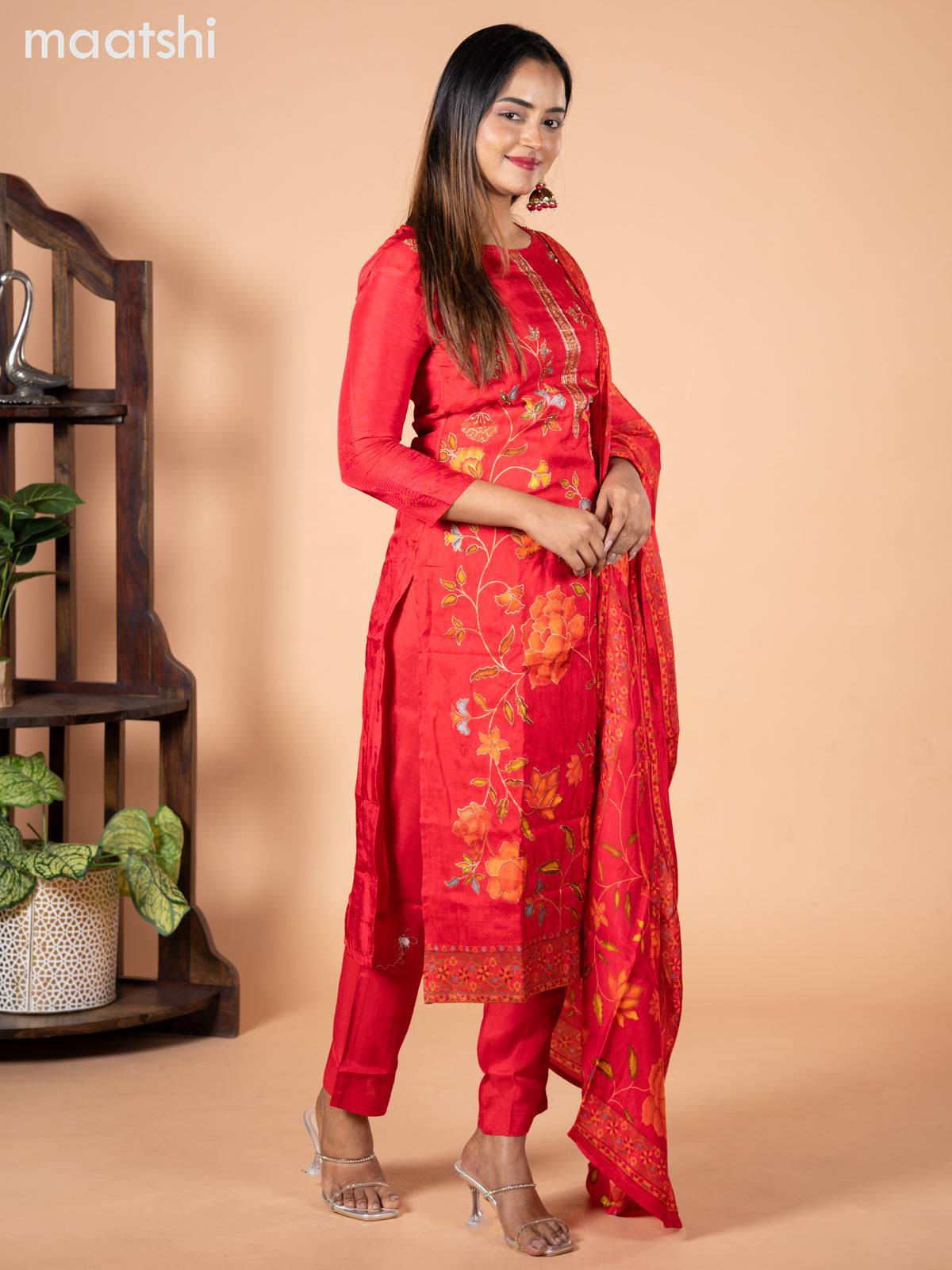 Banarasi silk salwar suit red with allover floral prints & cut beads and straight cut pant & dupatta