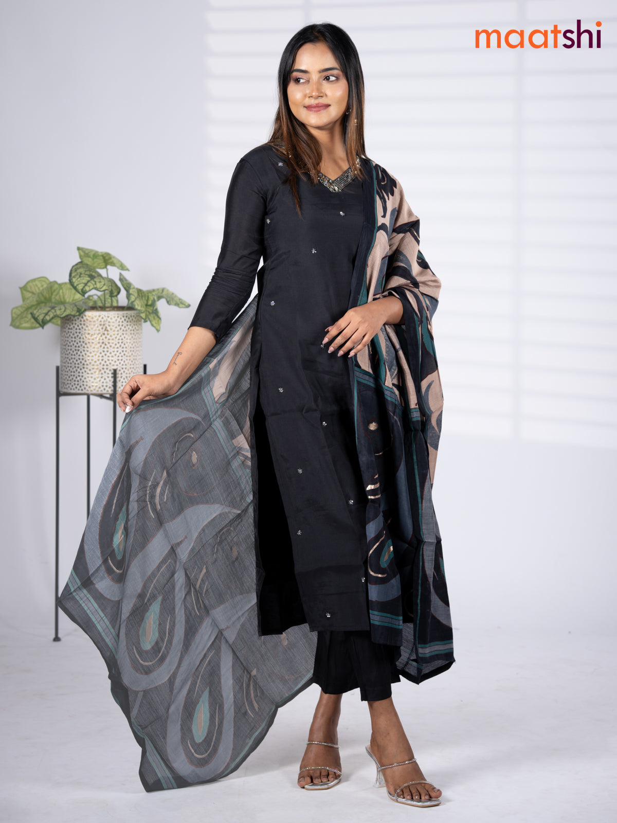 Modal salwar suit black with zardosi work v neck pattern and straight cut pant & printed dupatta