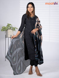 Modal salwar suit black with zardosi work v neck pattern and straight cut pant & printed dupatta