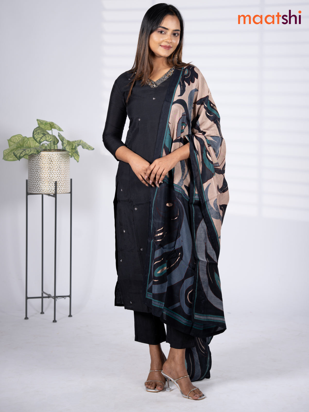 Modal salwar suit black with zardosi work v neck pattern and straight cut pant & printed dupatta