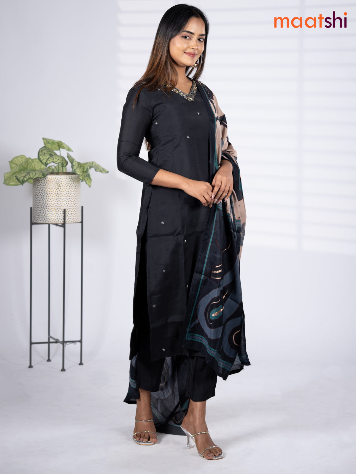 Modal salwar suit black with zardosi work v neck pattern and straight cut pant & printed dupatta