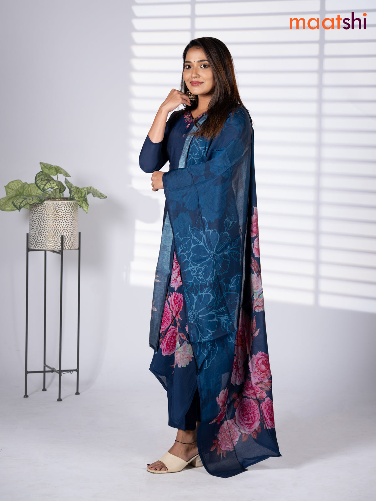 Modal salwar suit navy blue and pink with embroidery beaded work v neck pattern and straight cut pant & printed dupatta