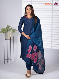Modal salwar suit navy blue and pink with embroidery beaded work v neck pattern and straight cut pant & printed dupatta