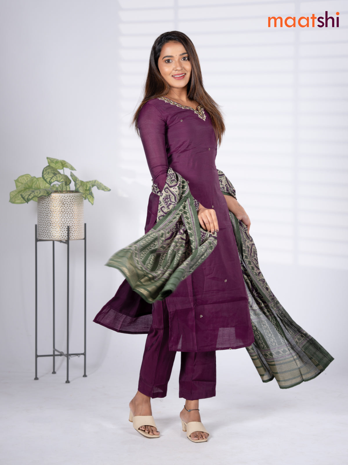 Modal salwar suit deep wine shade and green shade with embroidery beaded work v neck pattern and straight cut pant & printed dupatta