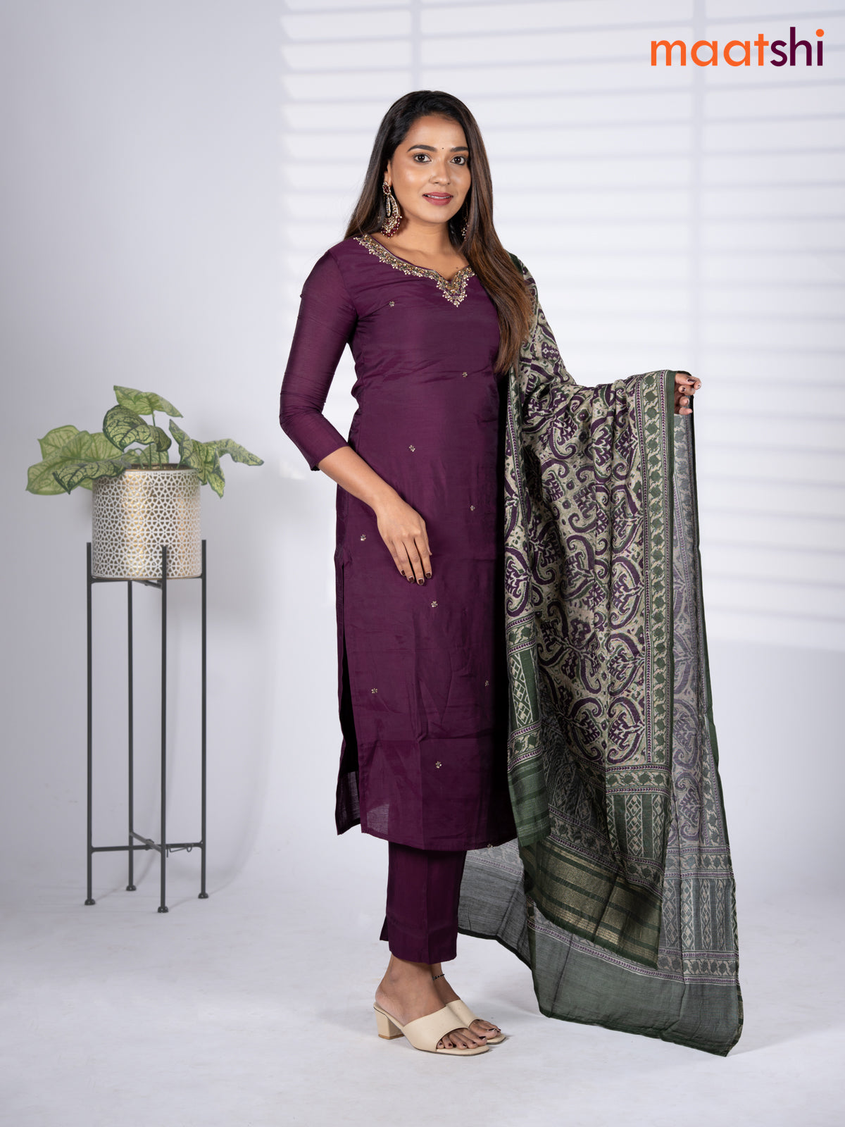 Modal salwar suit deep wine shade and green shade with embroidery beaded work v neck pattern and straight cut pant & printed dupatta