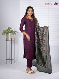 Modal salwar suit deep wine shade and green shade with embroidery beaded work v neck pattern and straight cut pant & printed dupatta