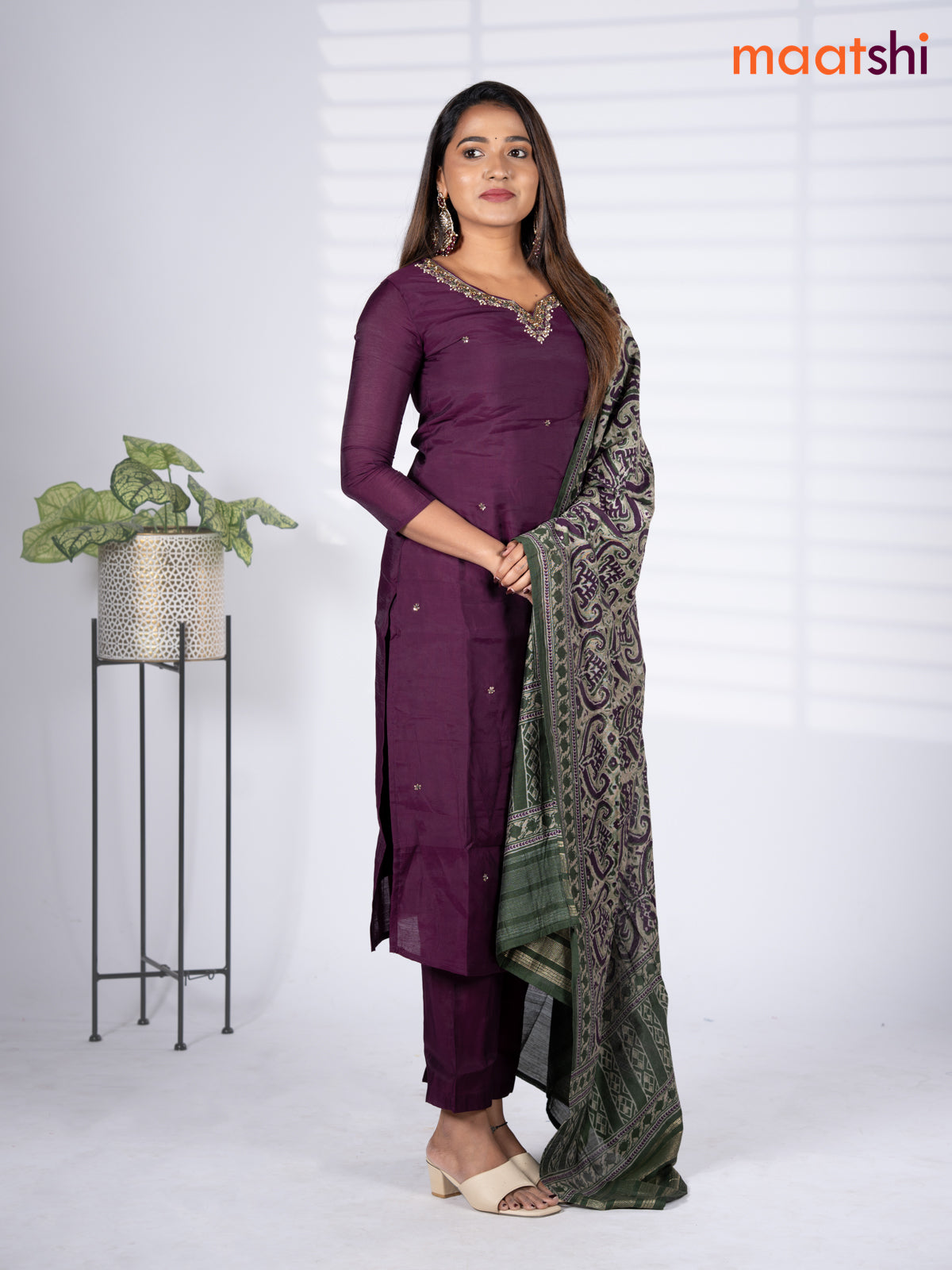 Modal salwar suit deep wine shade and green shade with embroidery beaded work v neck pattern and straight cut pant & printed dupatta