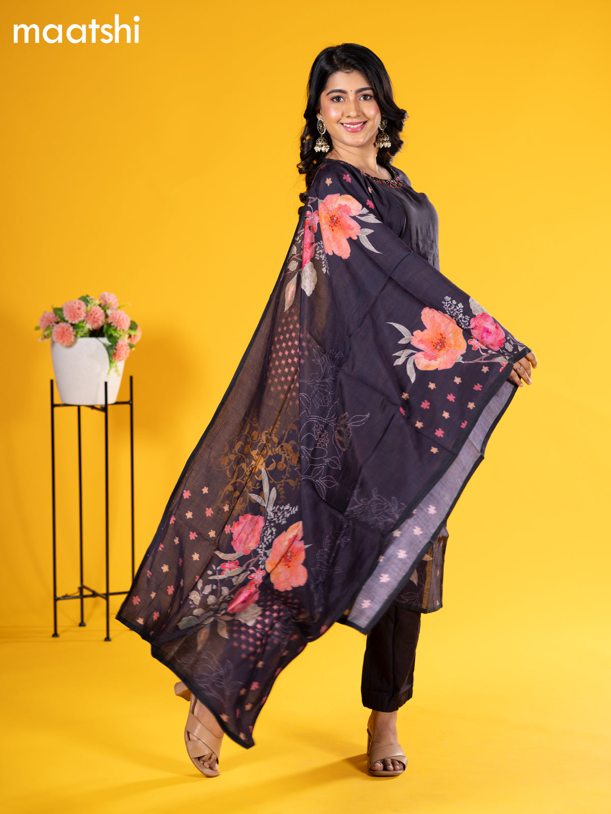 Modal salwar suit deep jamun with floral prints & embroidery beaded work neck pattern and straight cut pant & printed dupatta