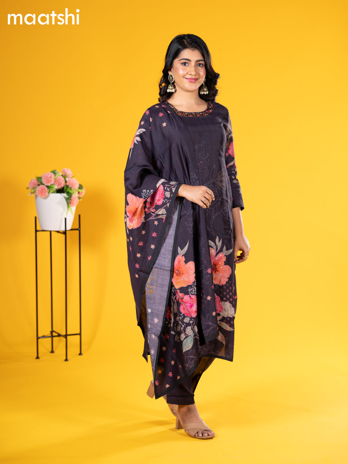 Modal salwar suit deep jamun with floral prints & embroidery beaded work neck pattern and straight cut pant & printed dupatta