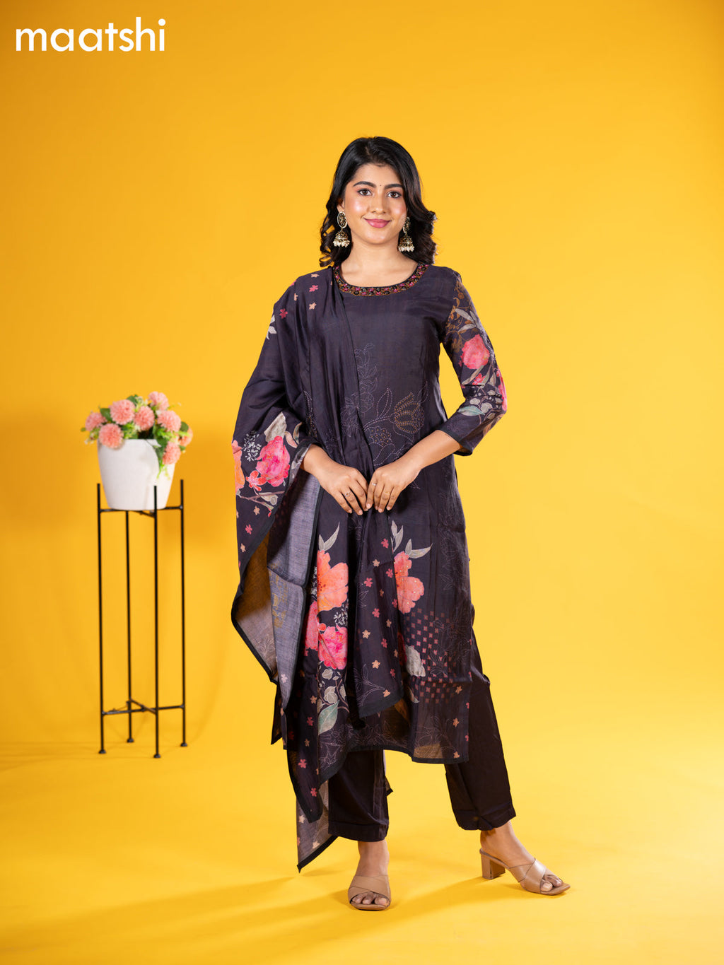 Modal salwar suit deep jamun with floral prints & embroidery beaded work neck pattern and straight cut pant & printed dupatta