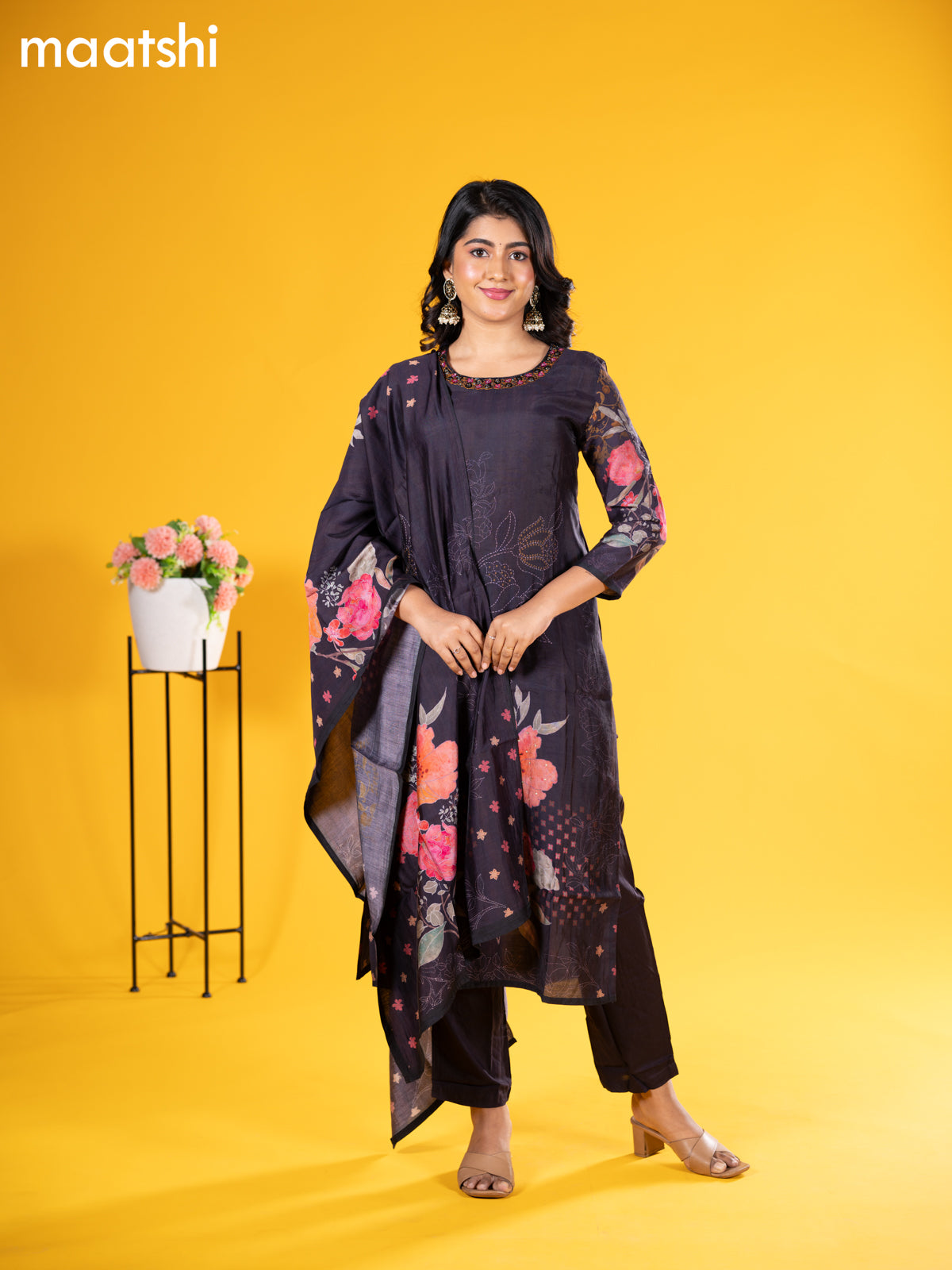 Modal salwar suit deep jamun with floral prints & embroidery beaded work neck pattern and straight cut pant & printed dupatta