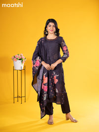 Modal salwar suit deep jamun with floral prints & embroidery beaded work neck pattern and straight cut pant & printed dupatta