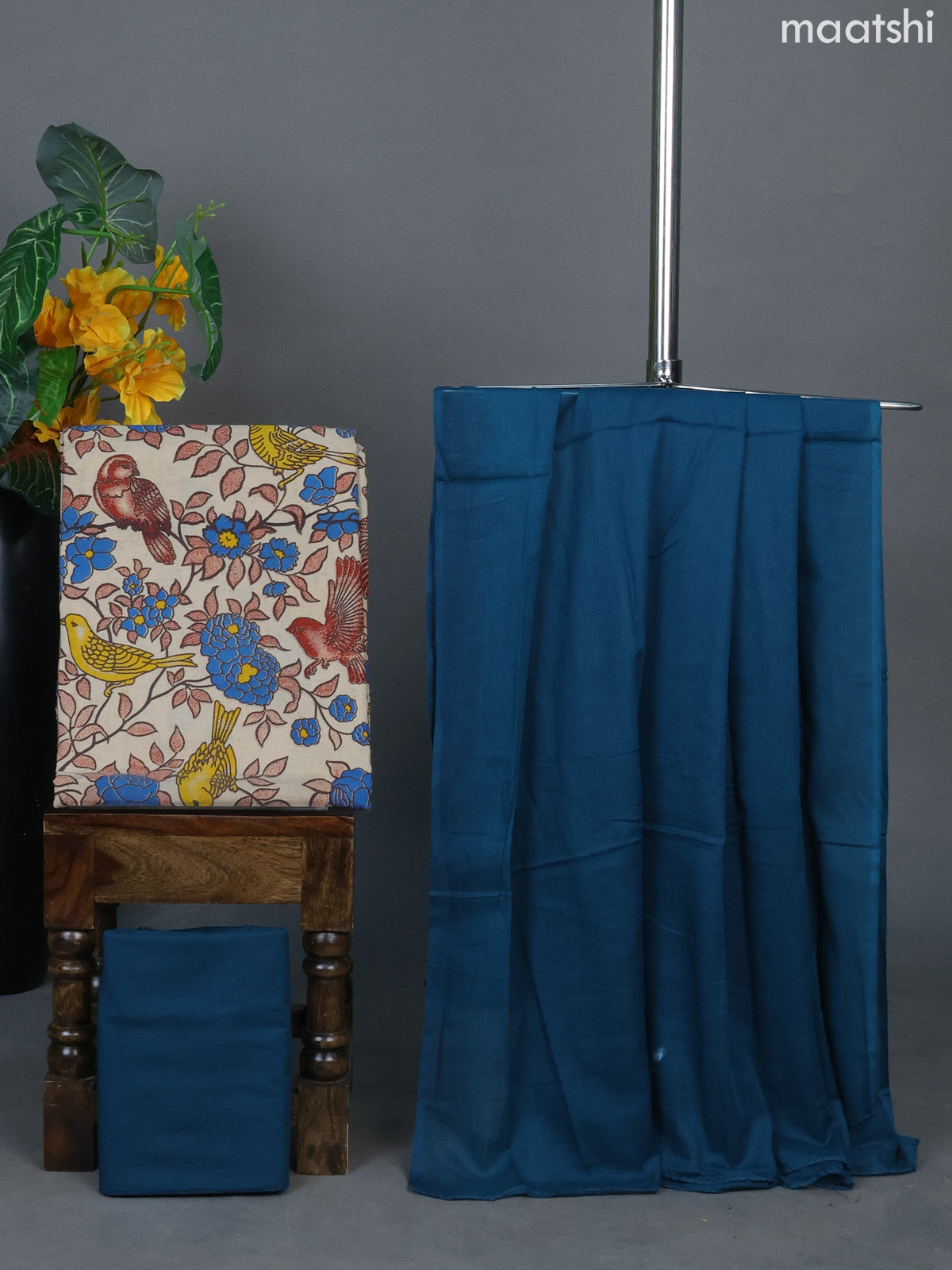 Beige and Peacock Blue Cotton Dress Material With Kalamkari Prints