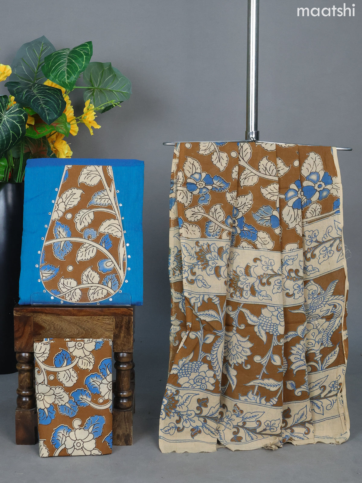 Dual Shade Of Blue and Brown Cotton Dress Material With Patch Work Neck Pattern