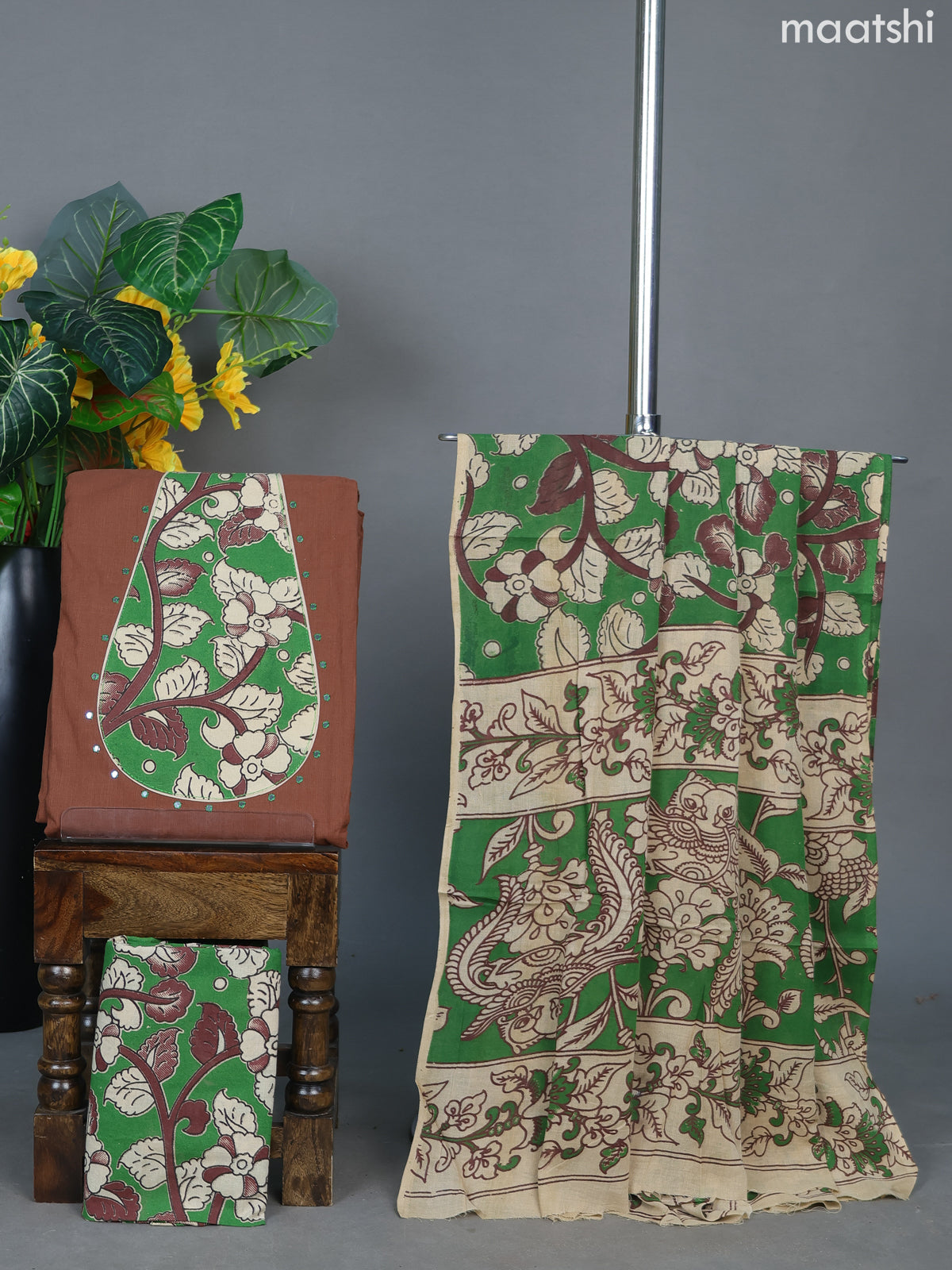 Brown and Green Cotton Dress Material With Patch Work Neck Pattern