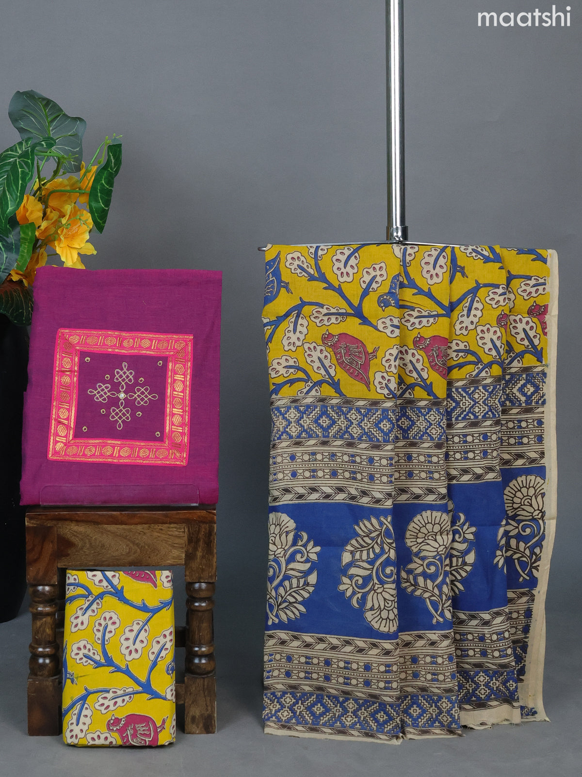 Magenta Pink and Blue Cotton Dress Material With Simple Neck Pattern