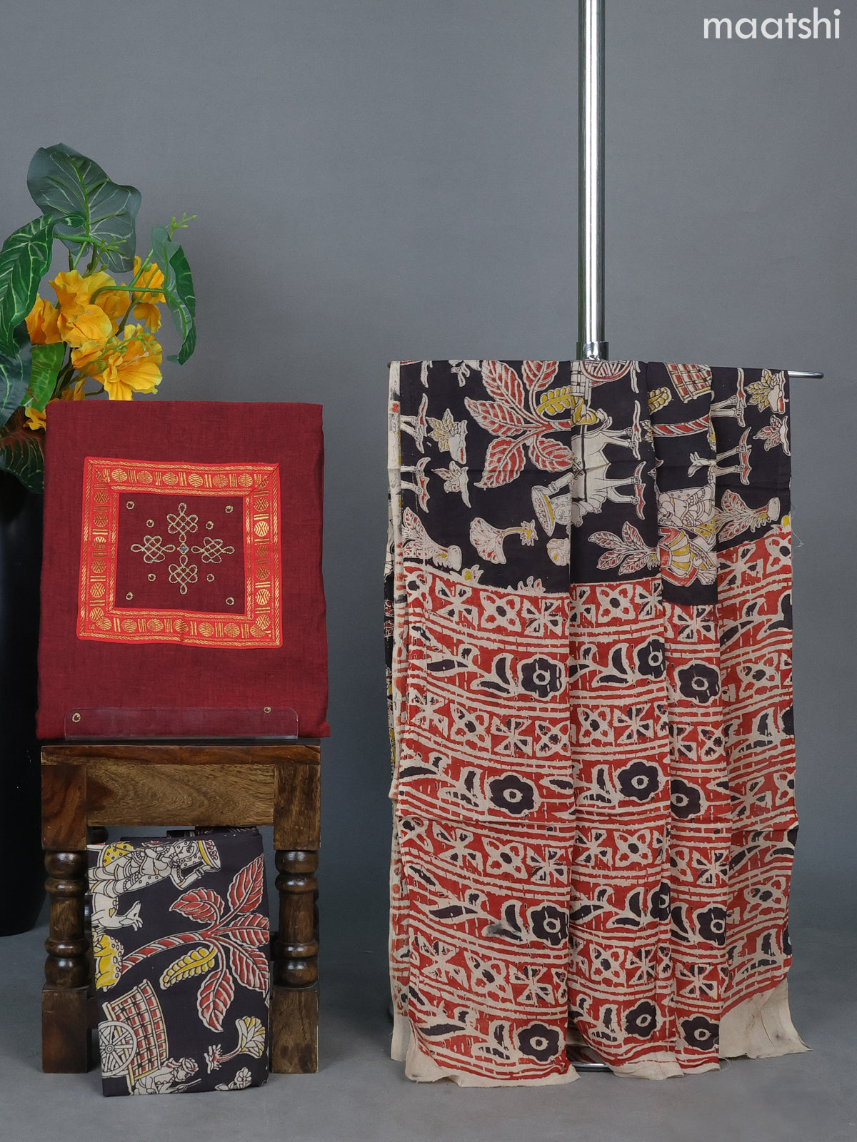 Maroon and Beige Red Cotton Dress Material With Simple Neck Pattern