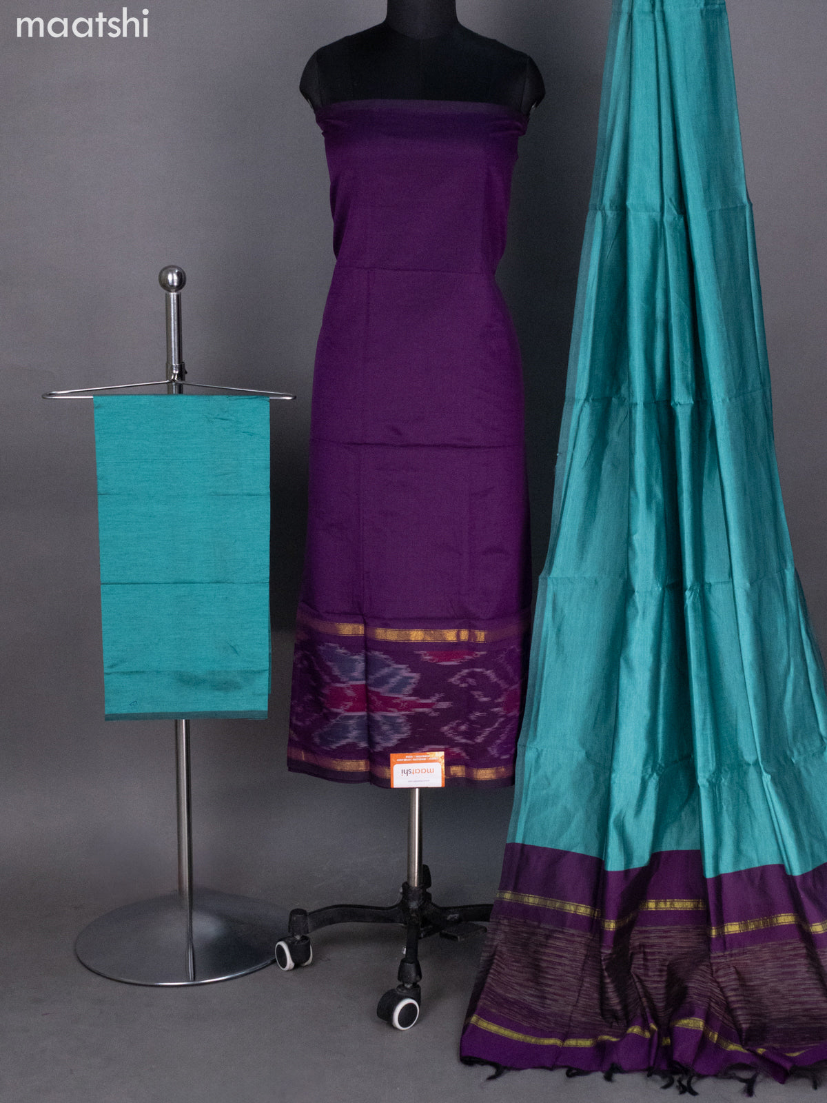 Deep Purple and Teal Blue Ikat Dress Material With Ikat Weaves