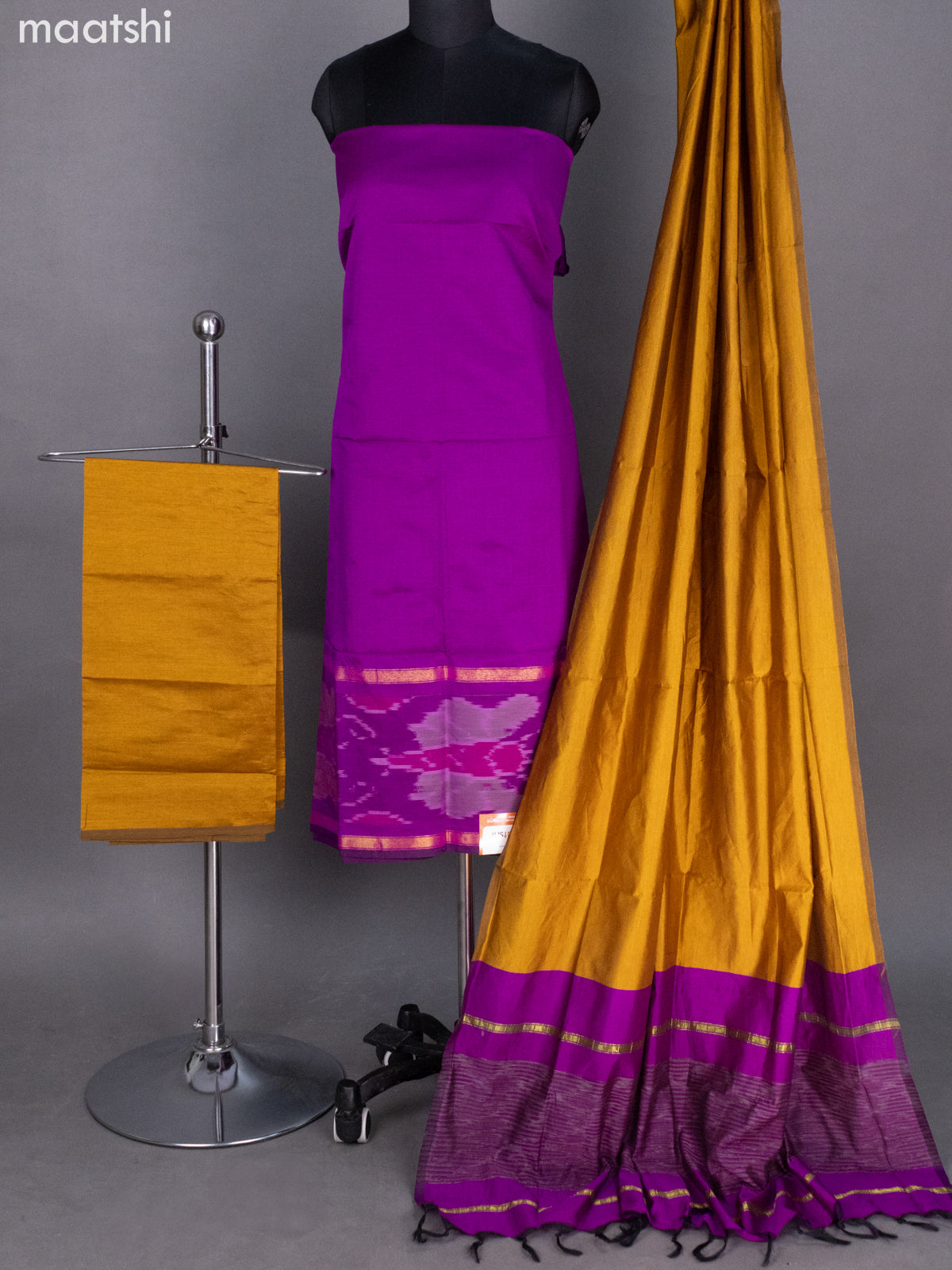Purple and Mustard Shade Ikat Dress Material With Ikat Weaves