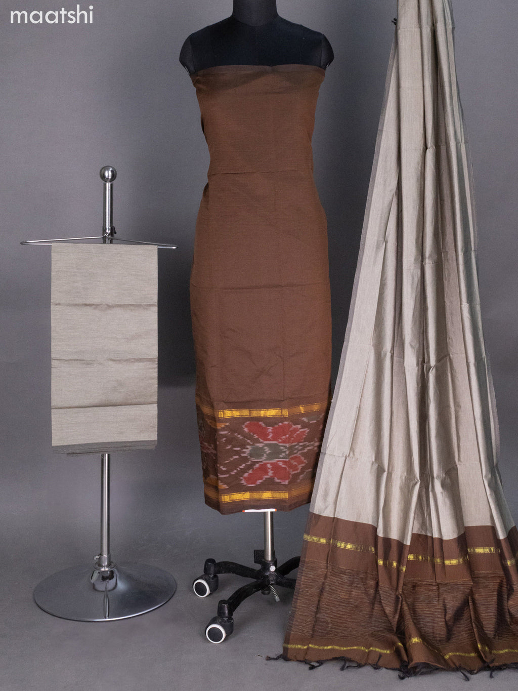 Brown and Grey Ikat Dress Material With Ikat Weaves