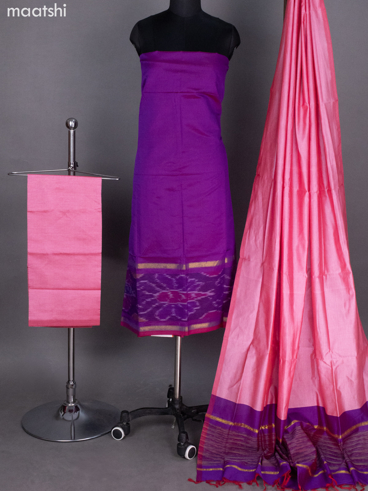 Dual Shade Of Purple and Peach Pink Ikat Dress Material With Ikat Weaves