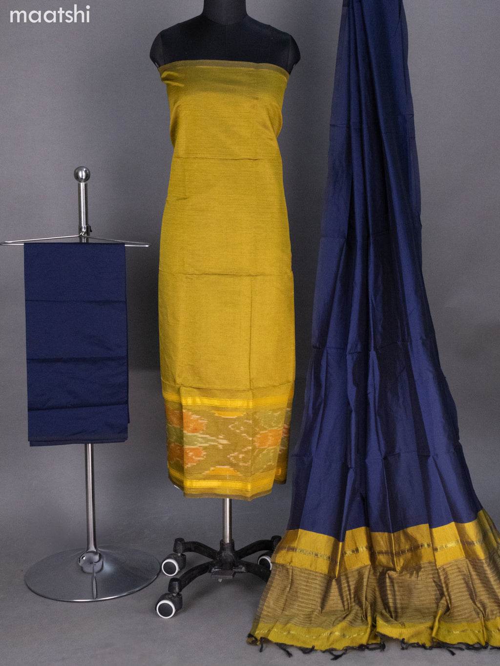 Mehendi Green and Navy Blue Ikat Dress Material With Ikat Weaves