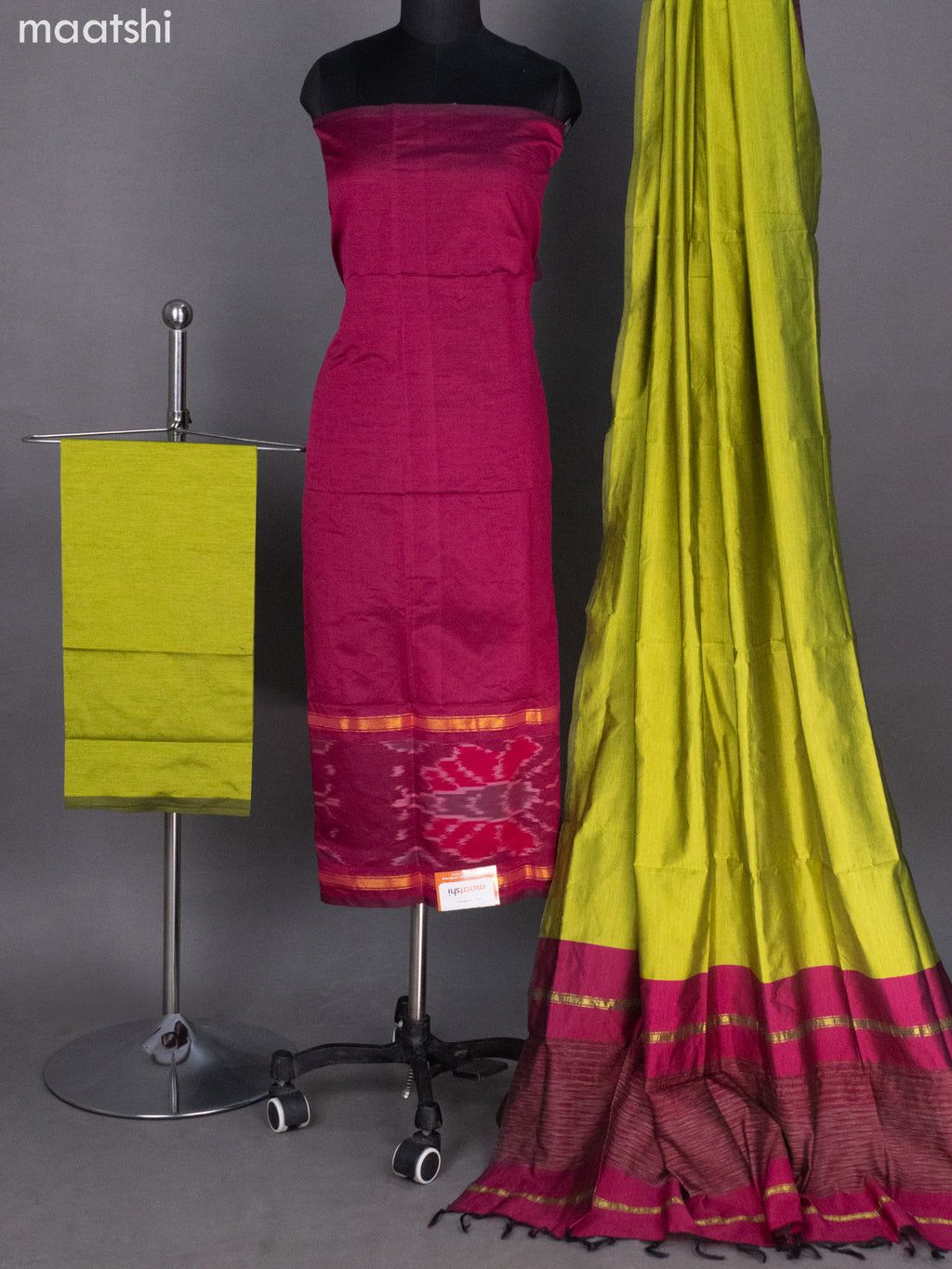 Magenta Pink and Lime Green Ikat Dress Material With Ikat Weaves