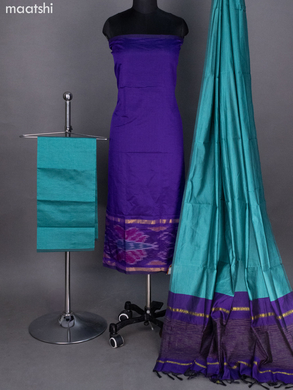 Violet and Teal Blue Ikat Dress Material With Ikat Weaves