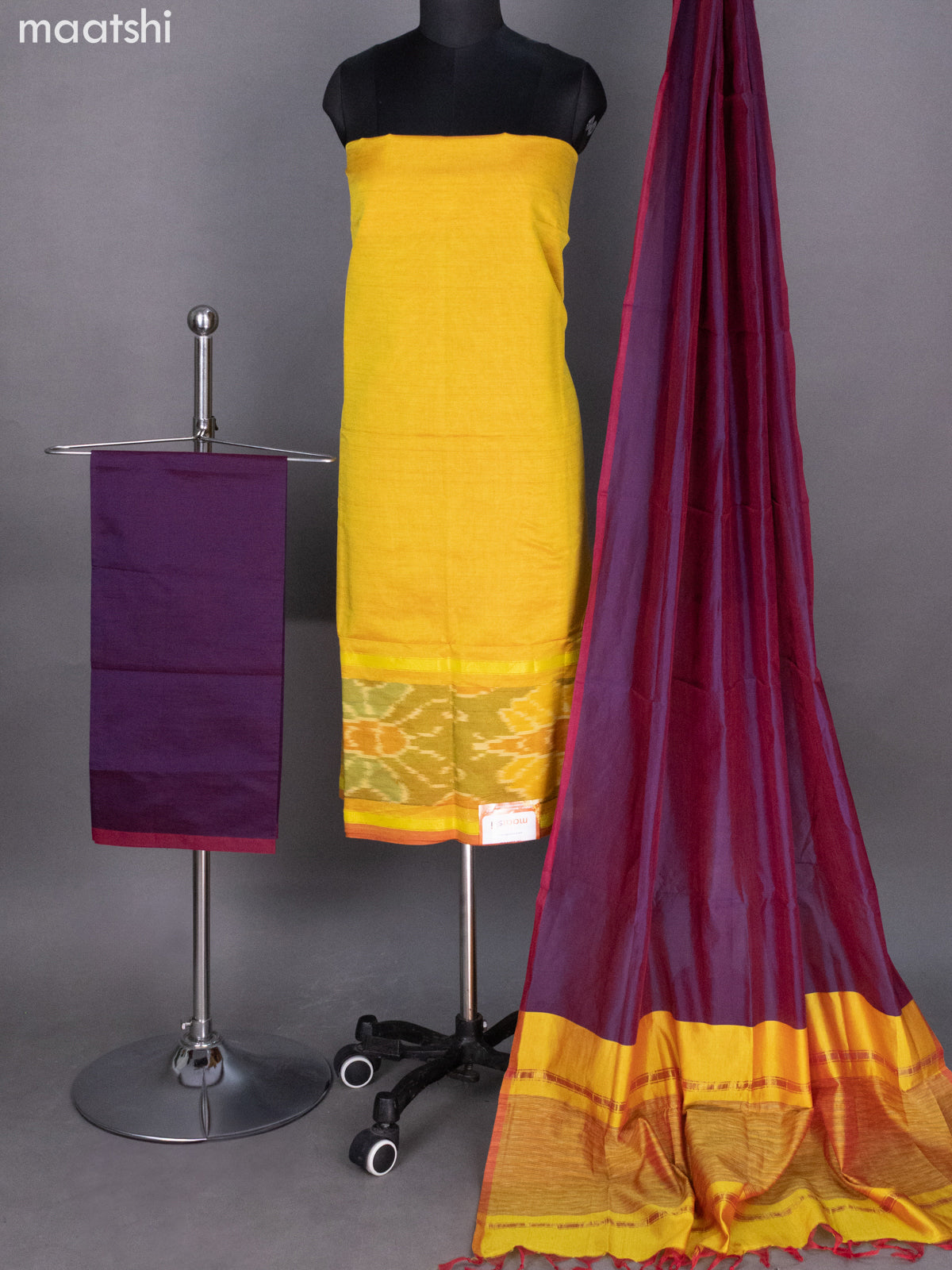Dual Shade Of Yellow and Dual Shade Of Wine Ikat Dress Material With Ikat Weaves
