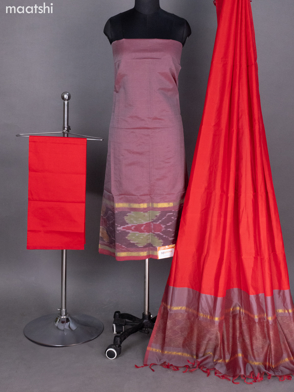 Dual Shade Of Grey and Red Ikat Dress Material With Ikat Weaves