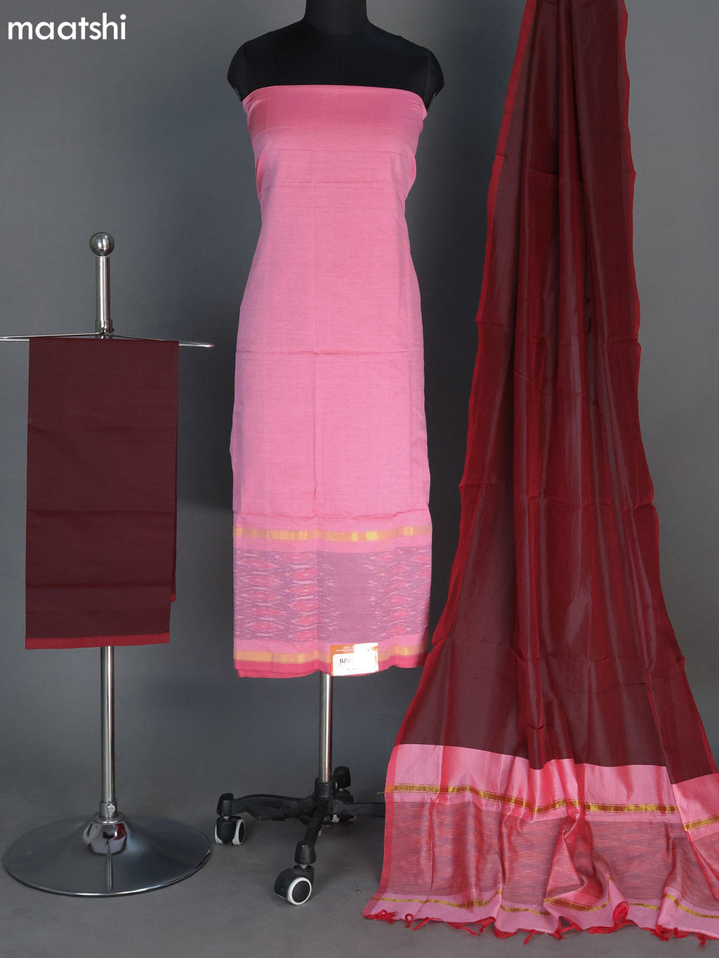 Peach Pink and Deep Maroon Ikat Dress Material With Ikat Weaves