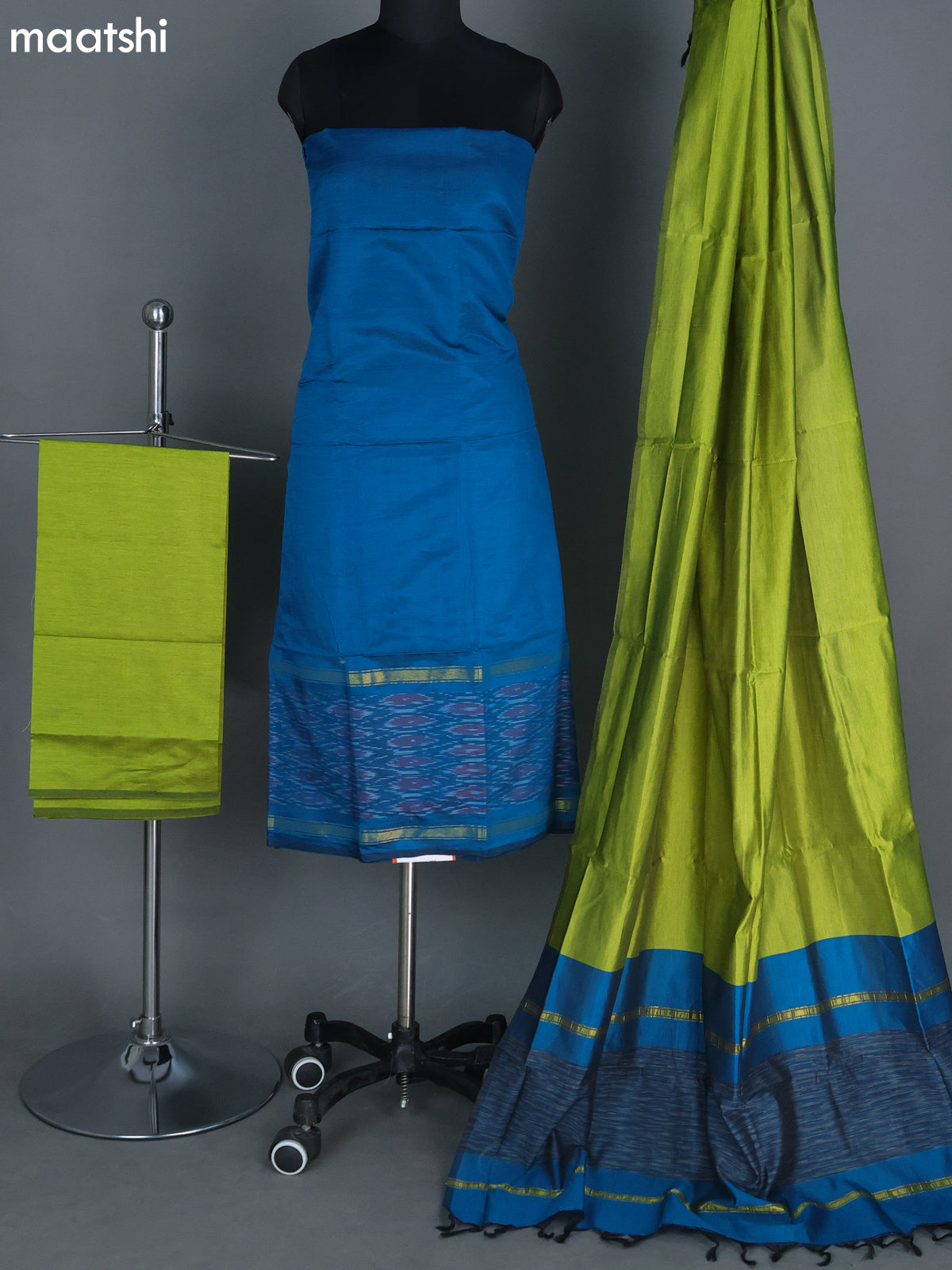 Peacock Blue and Lime Green Ikat Dress Material With Ikat Weaves