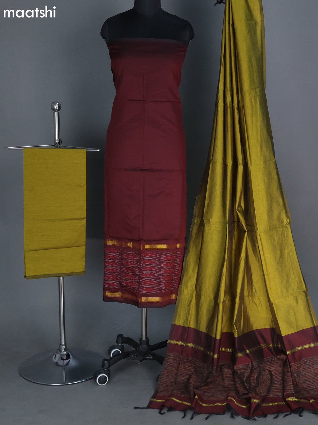 Deep Maroon and Mehendi Green Ikat Dress Material With Ikat Weaves