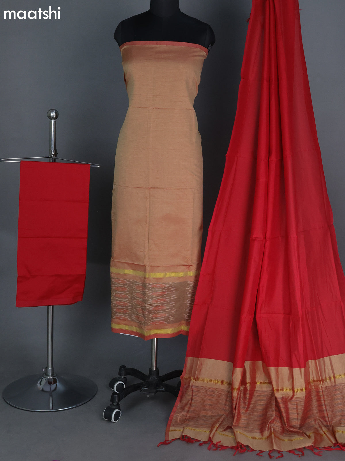 Dual Shade Of Sandal and Red Ikat Dress Material With Ikat Weaves