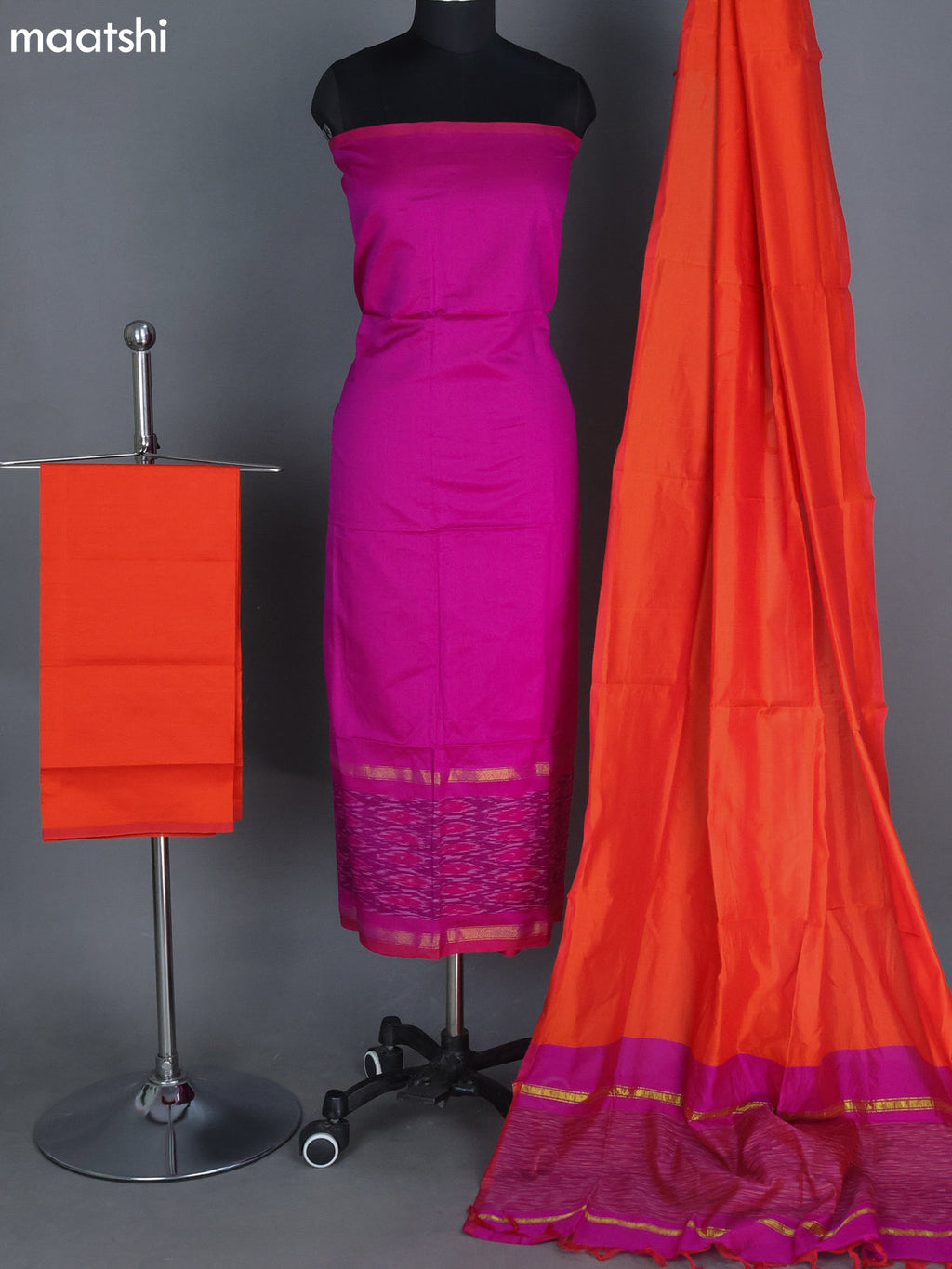 Magenta Pink and Orange Ikat Dress Material With Ikat Weaves