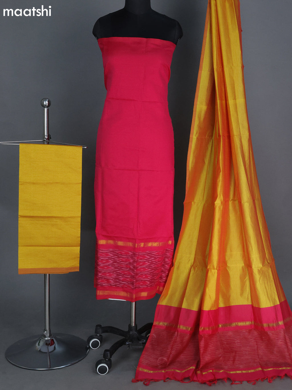 Pink and Lime Yellow Ikat Dress Material With Ikat Weaves