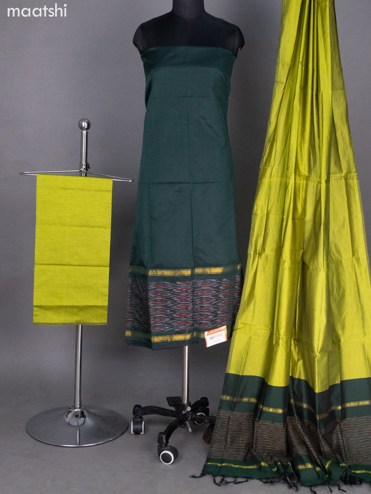 Dark Green and Lime Green Ikat Dress Material With Ikat Weaves