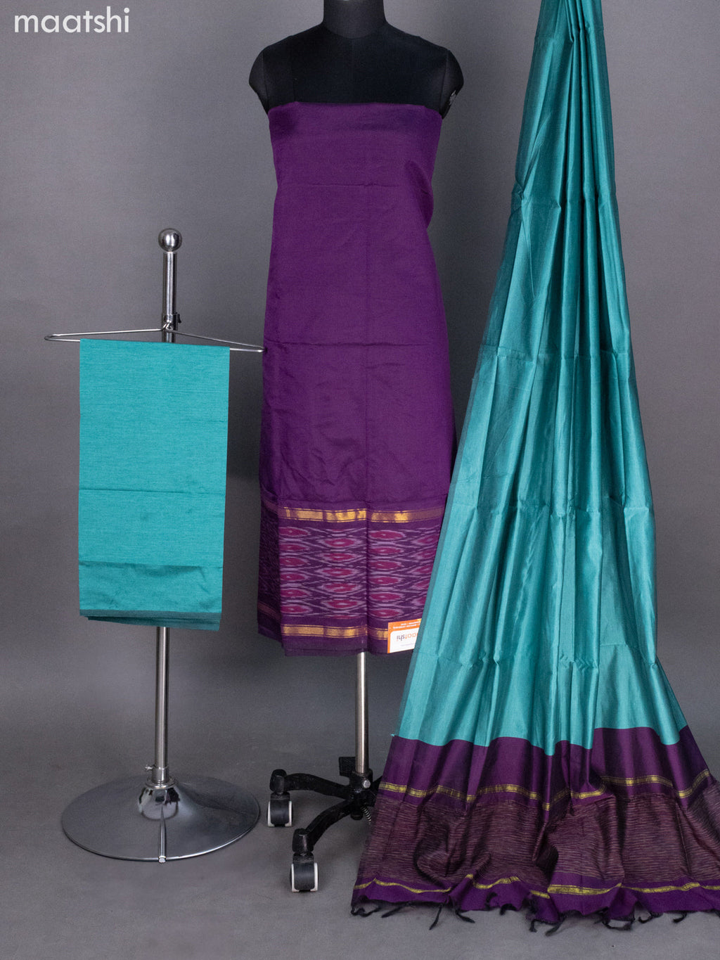 Purple and Teal Blue Ikat Dress Material With Ikat Weaves