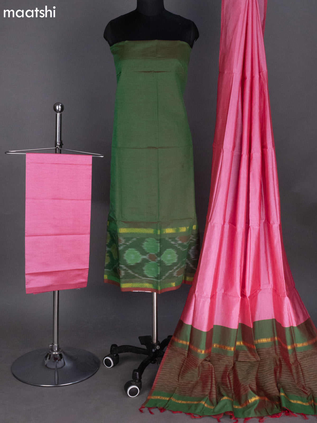 Dual Shade Of Green and Peach Pink Ikat Dress Material With Ikat Weaves