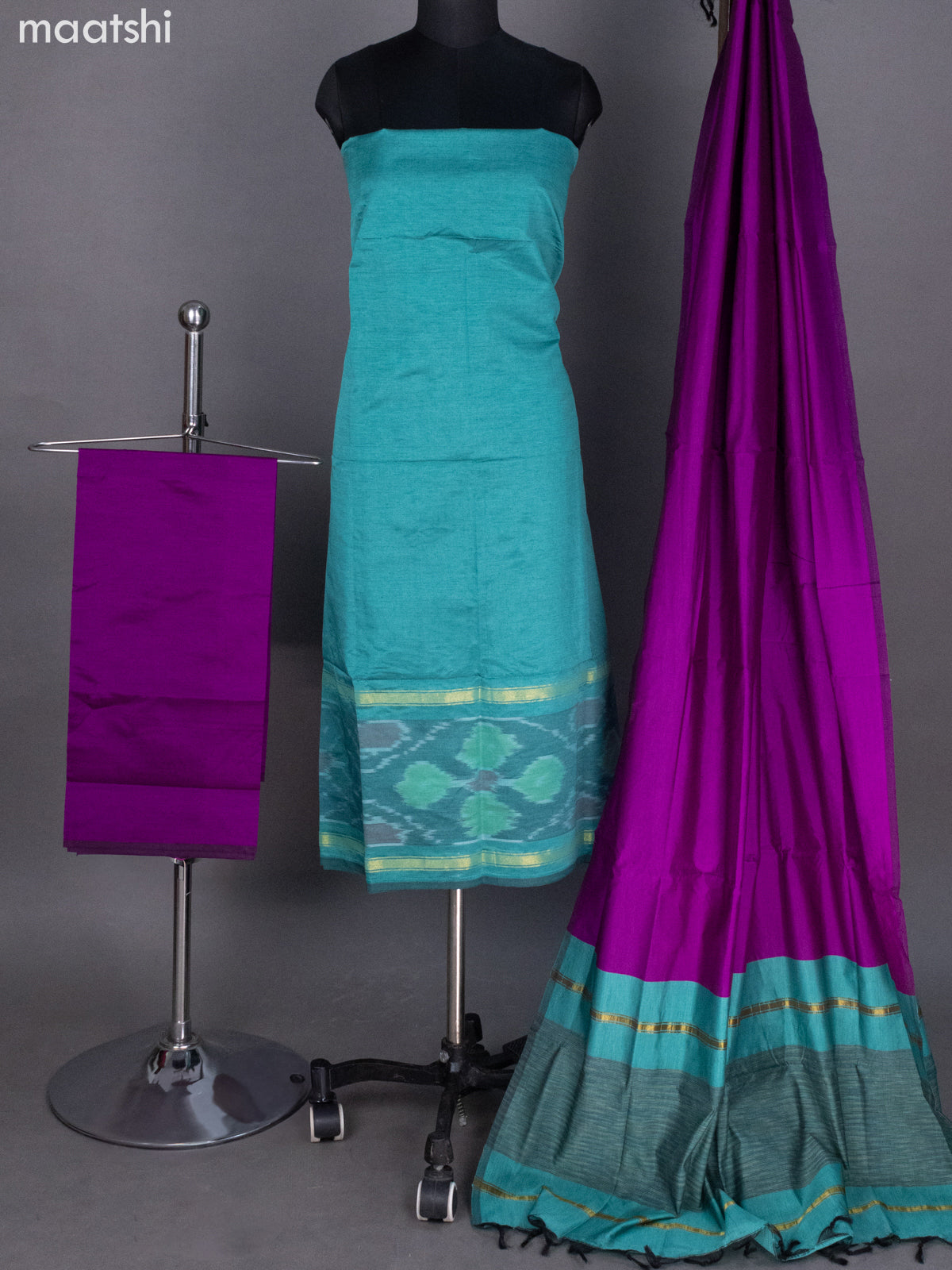 Teal Blue and Purple Ikat Dress Material With Ikat Weaves