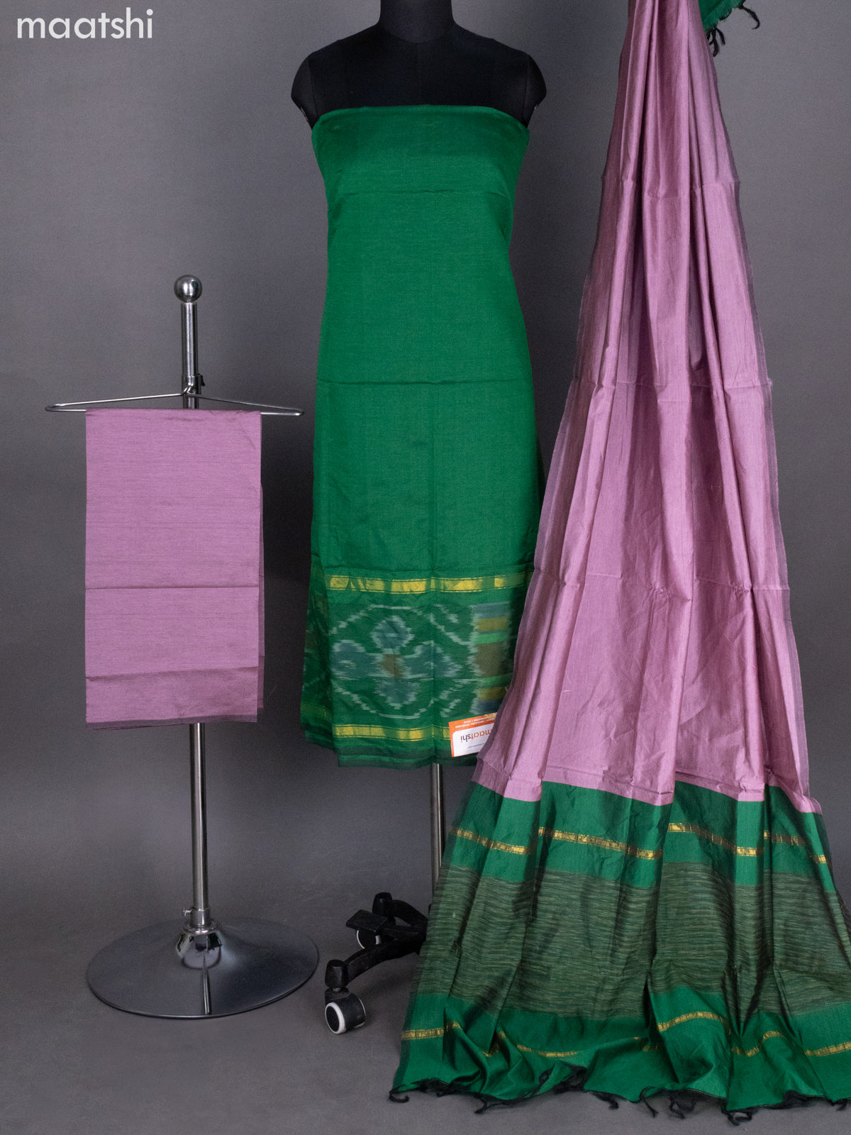 Green and Pastel Pink Ikat Dress Material With Ikat Weaves